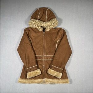 Vintage Y2k Big Chill Faux Suede & Fur Penny Lane Coat Jacket Hood Large Brown